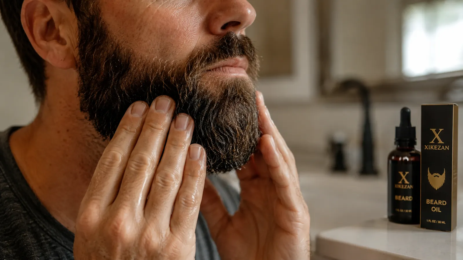 Hands applying a small amount of beard oil into a full beard over a sink