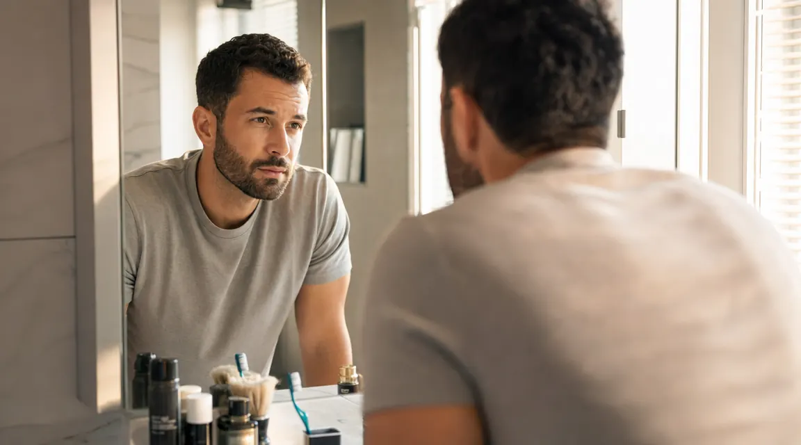 Man with a well-groomed short beard examining his reflection in a bathroom mirror, morning light