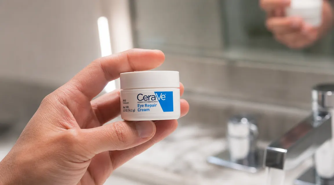 Small jar of CeraVe Eye Repair Cream held in a palm next to a bathroom sink