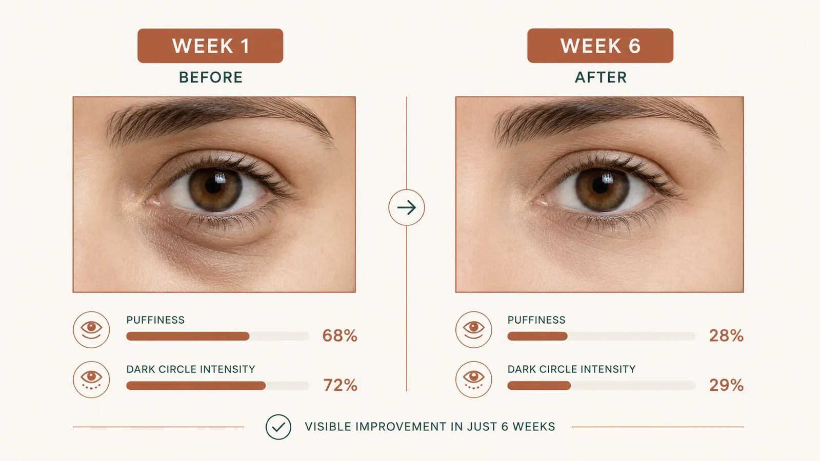 Two-panel comparison illustration showing under-eye area before and after consistent eye cream use