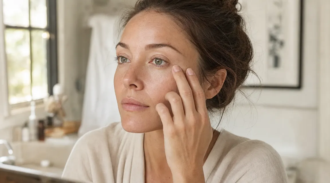 Person gently tapping eye cream under their eyes at a bathroom mirror, morning light