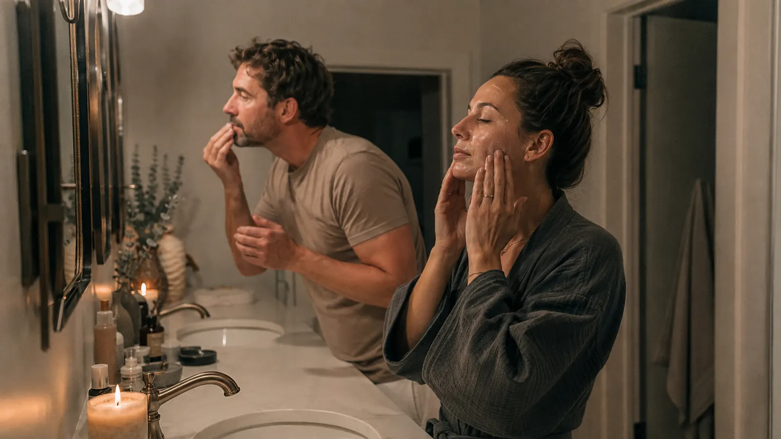 Couple standing at a bathroom vanity together going through their nighttime skincare routine