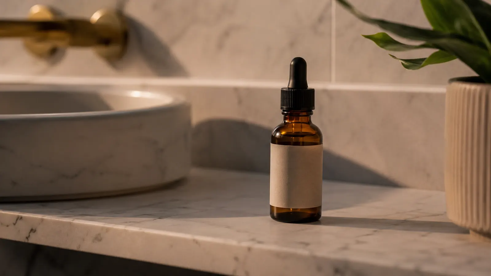 Small amber bottle of retinol serum resting on a marble bathroom shelf next to a white face moisturizer