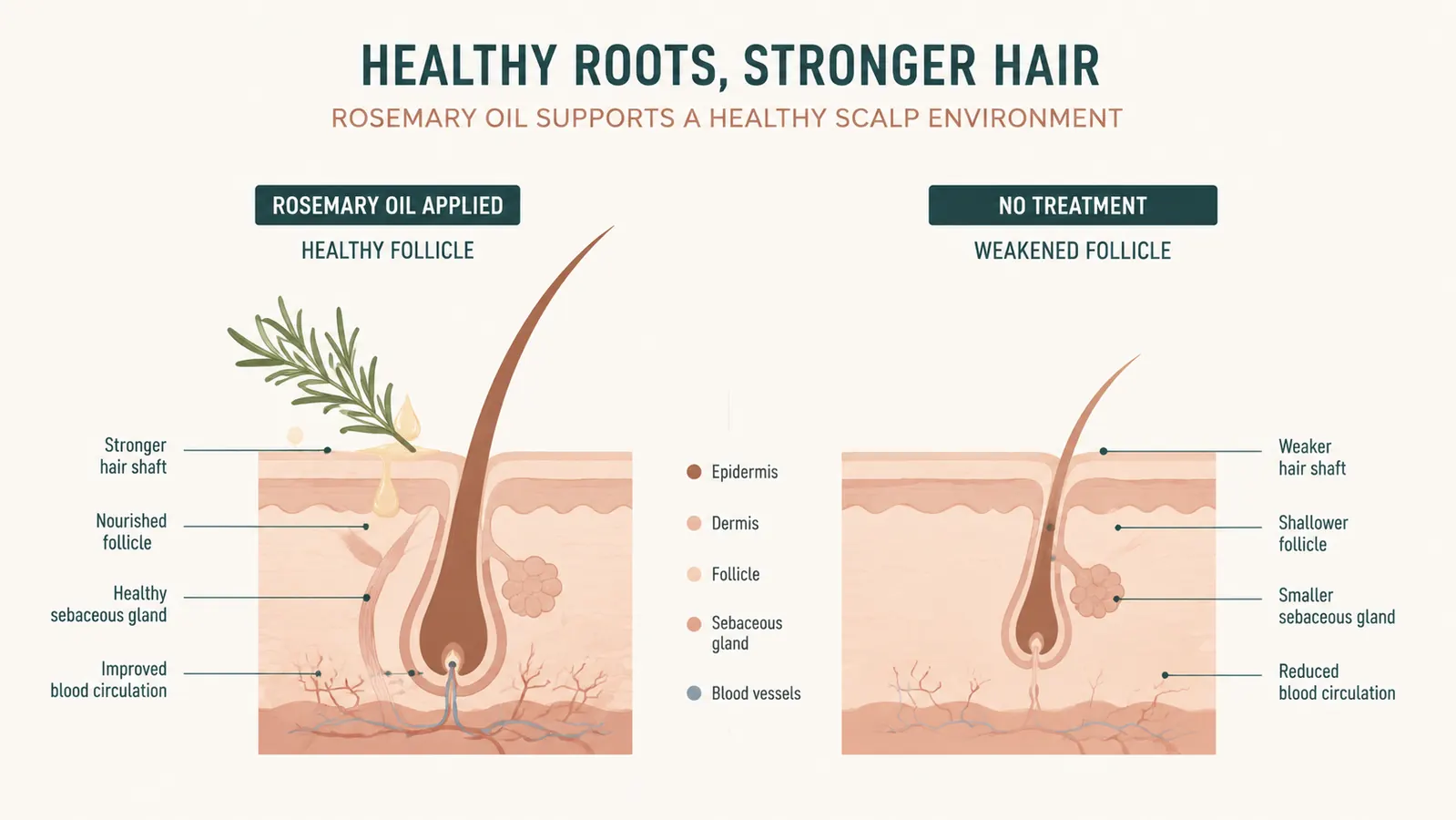 Side-by-side illustration of a healthy hair follicle versus a weakened one, showing improved blood circulation