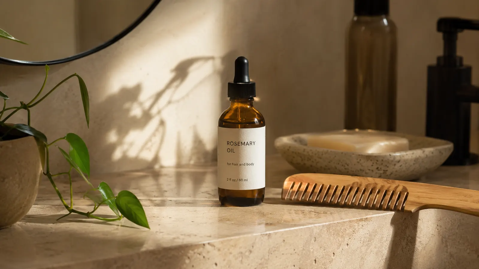 Amber glass bottle of rosemary oil resting on a bathroom shelf next to a wide-tooth comb and a small green plant