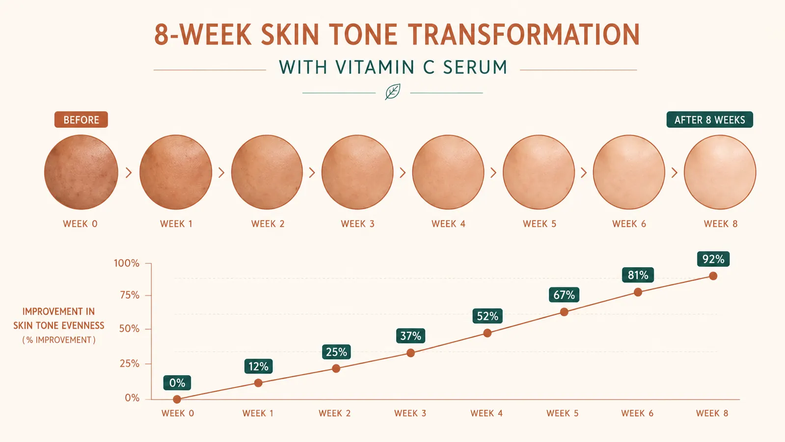 Side-by-side skin comparison showing even tone and reduced dark spots after consistent vitamin C use