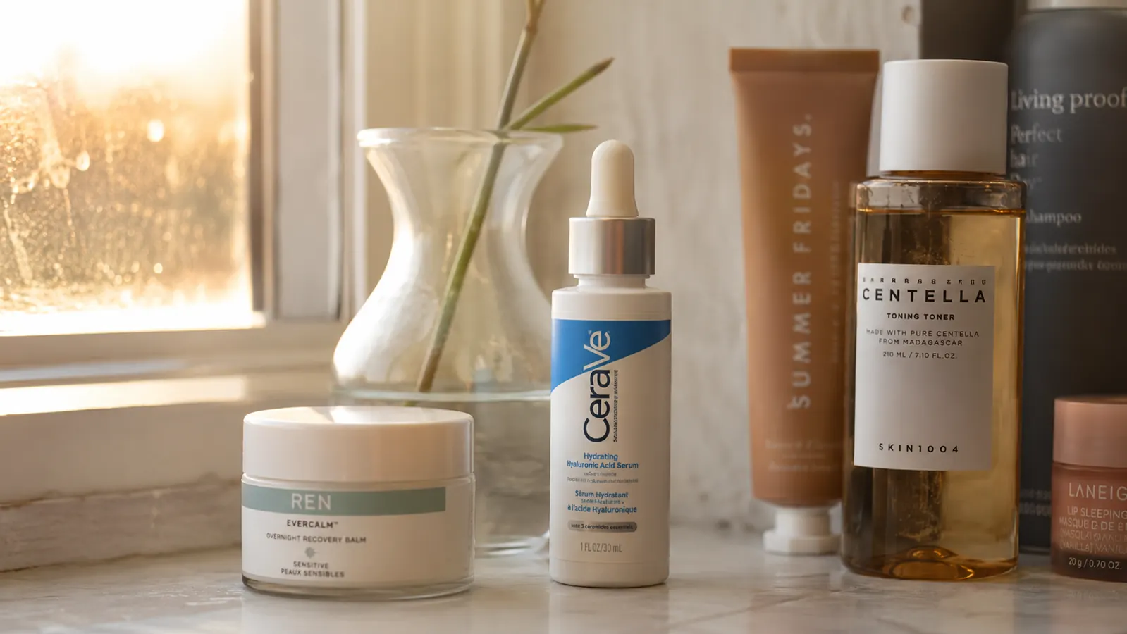 Vitamin C serum bottle on a bathroom shelf next to moisturizer and SPF in warm morning light