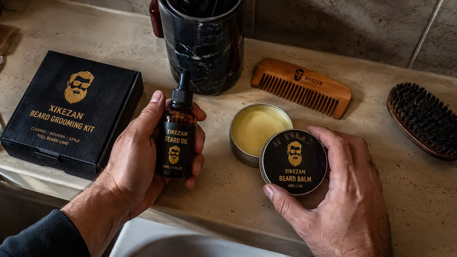 XIKEZAN beard kit components spread on a bathroom shelf, some items clearly used and some still sealed