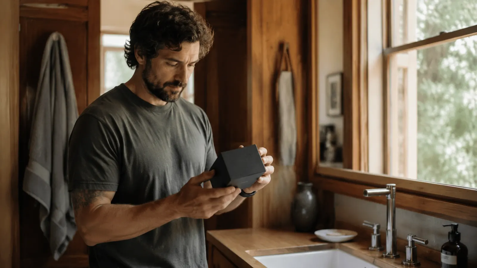 Man in a relaxed bathroom setting examining a beard grooming kit box on a wooden vanity shelf