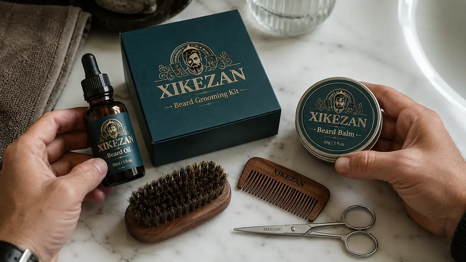 Beard grooming kit laid out on a white marble surface showing oil, balm, comb, brush, and scissors