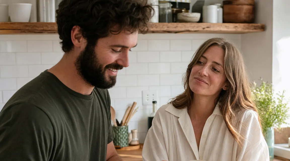 Couple in a kitchen, man smiling with a trimmed beard while partner rests hand on his jaw approvingly