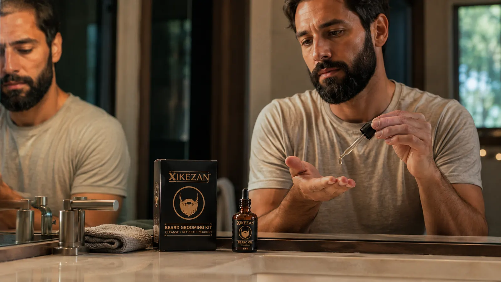 Man applying beard oil from a small bottle to his short beard in a bathroom mirror