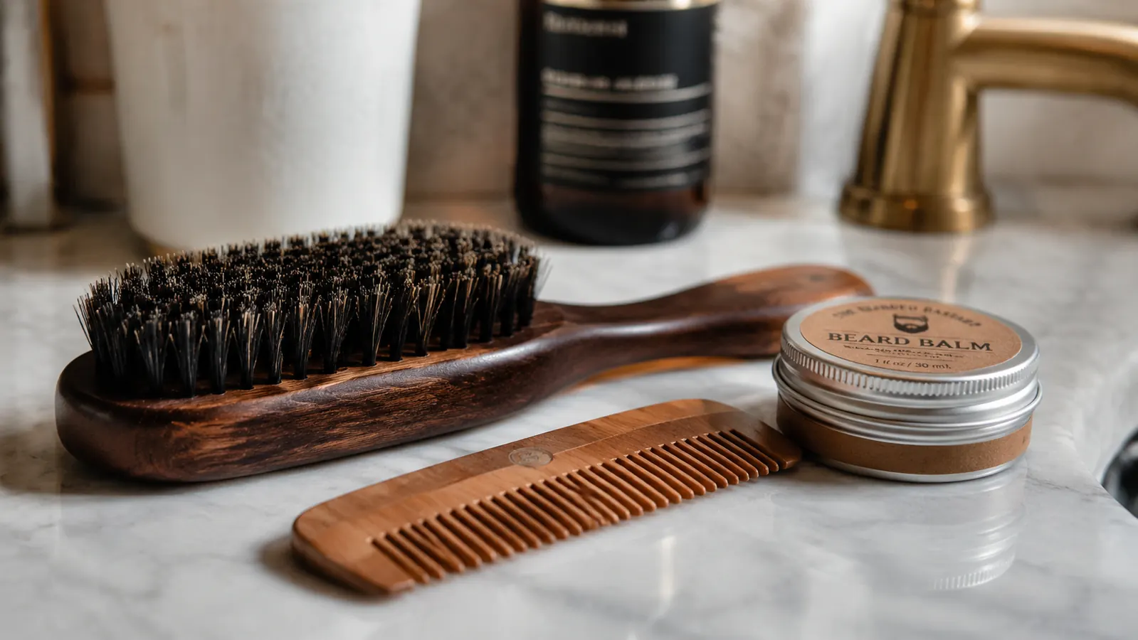 Beard grooming brush and comb next to a small bottle of beard balm on a bathroom counter