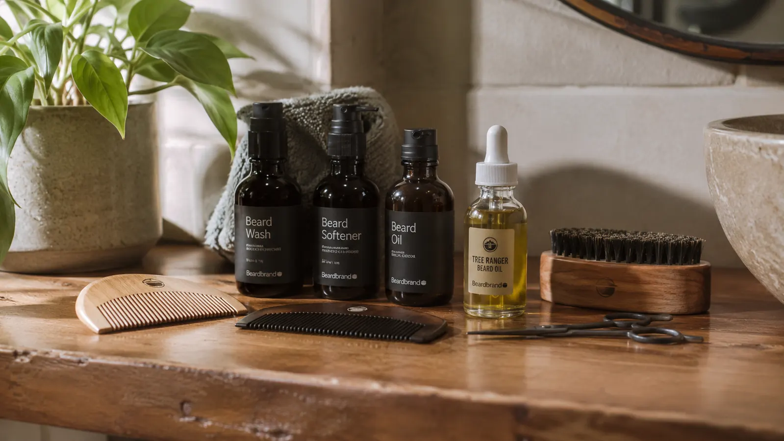 Beard grooming kit and beard oil bottle arranged on a wooden bathroom shelf