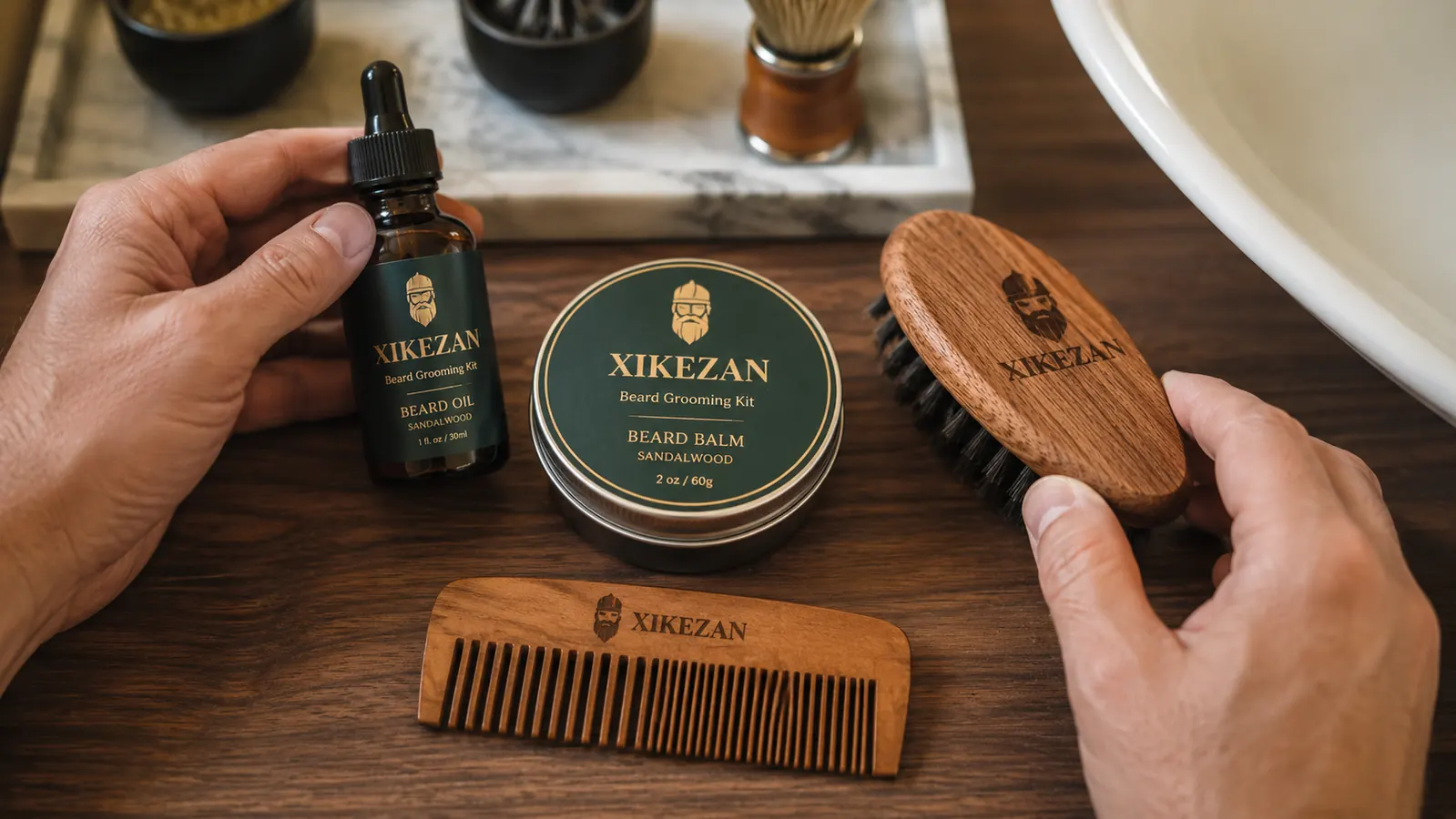Close-up of a beard grooming kit laid out on a wooden surface, showing oil bottle, balm tin, comb, and brush