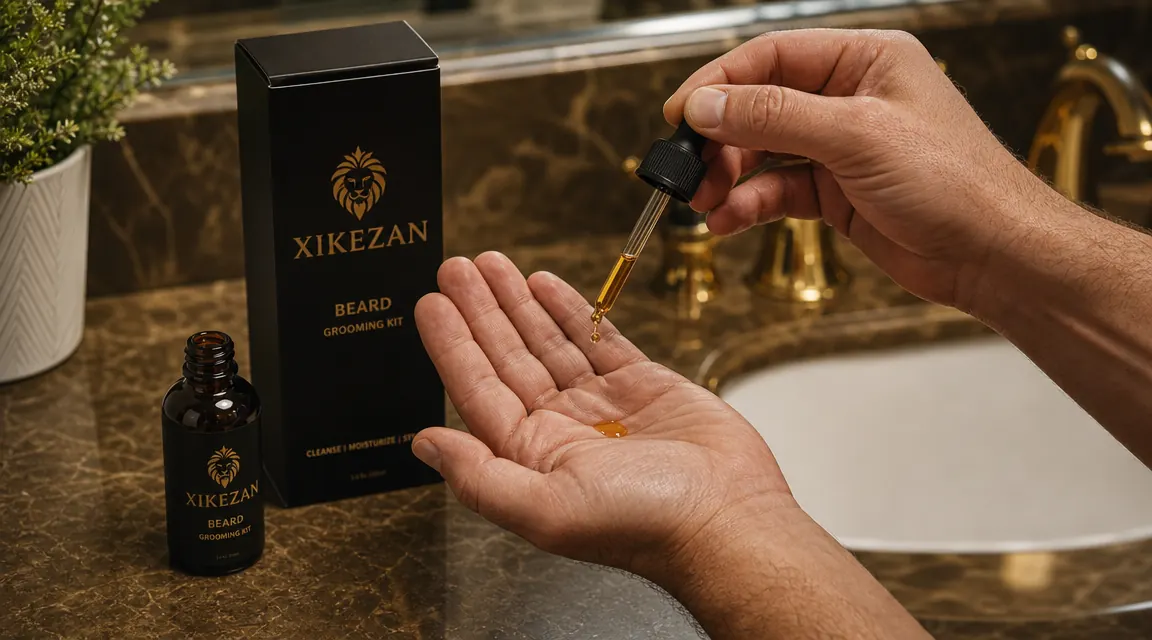 Hand applying a few drops of beard oil into a palm before application