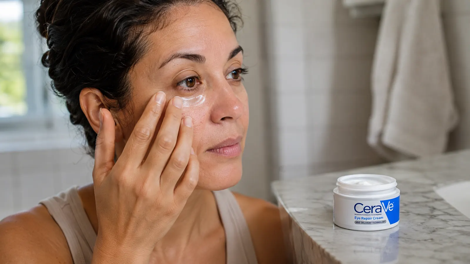 Close-up of a hand applying white eye cream beneath the eye using a ring finger, small product jar open nearby on a marble counter