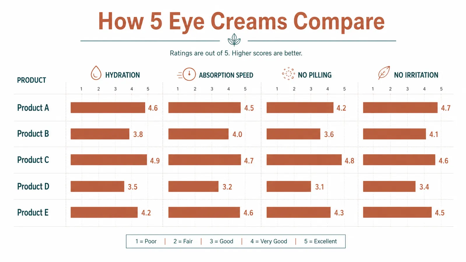 Comparison chart rating five eye creams across hydration, absorption speed, pilling under makeup, and milia risk