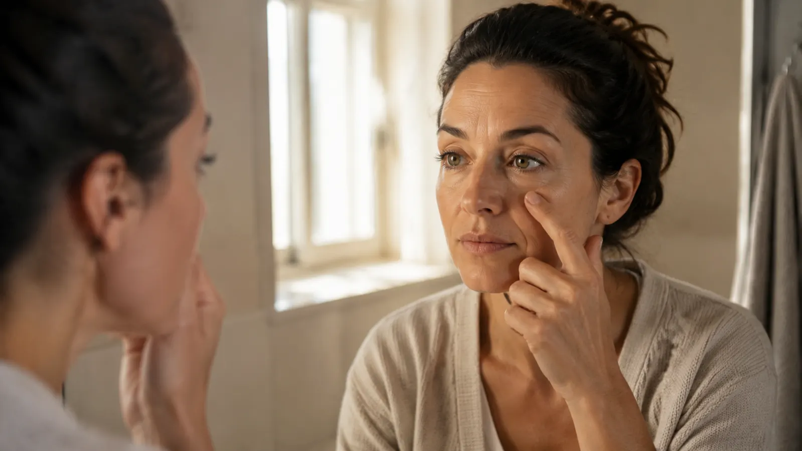 Person looking in a bathroom mirror, touching the under-eye area gently with one finger, natural morning light