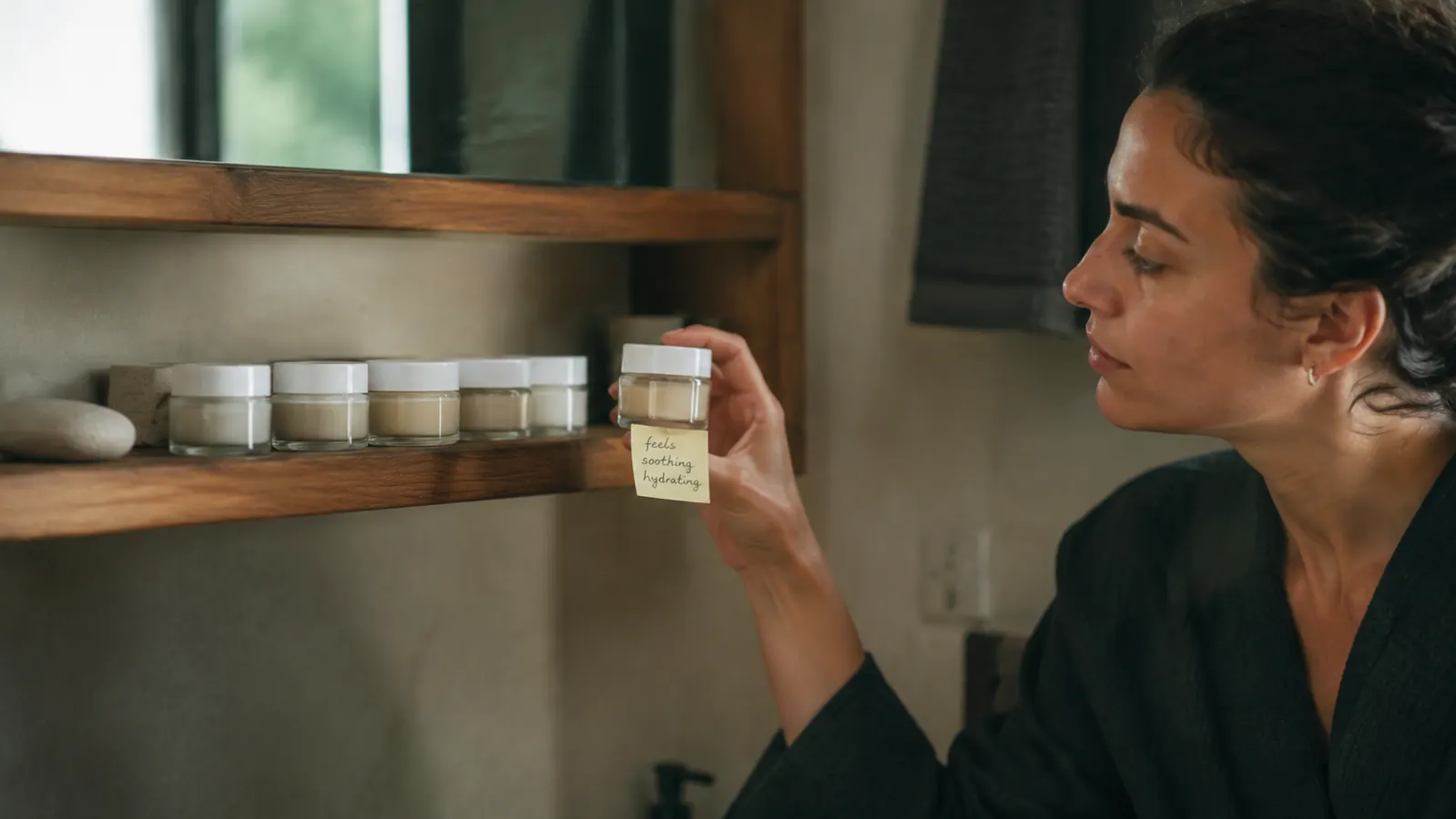 Five small eye cream jars lined up on a wooden bathroom shelf, one highlighted with a small sticky note marker