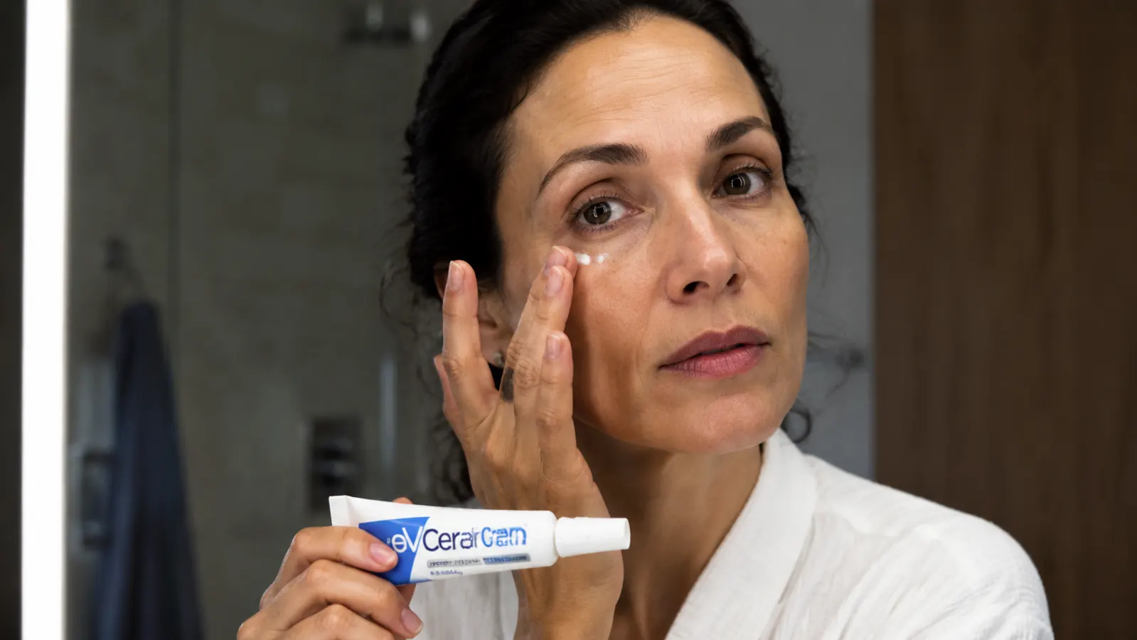 Hand with index finger tapping a small amount of white eye cream near the under-eye area