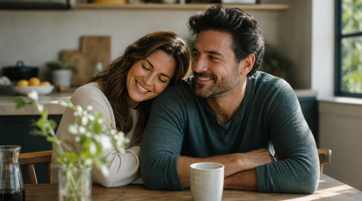 Couple sitting at a kitchen table in morning light, both looking rested with clear under-eye areas