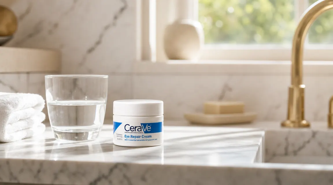 Small jar of CeraVe Eye Repair Cream on a marble bathroom counter next to a glass of water and a folded white towel, soft morning window light
