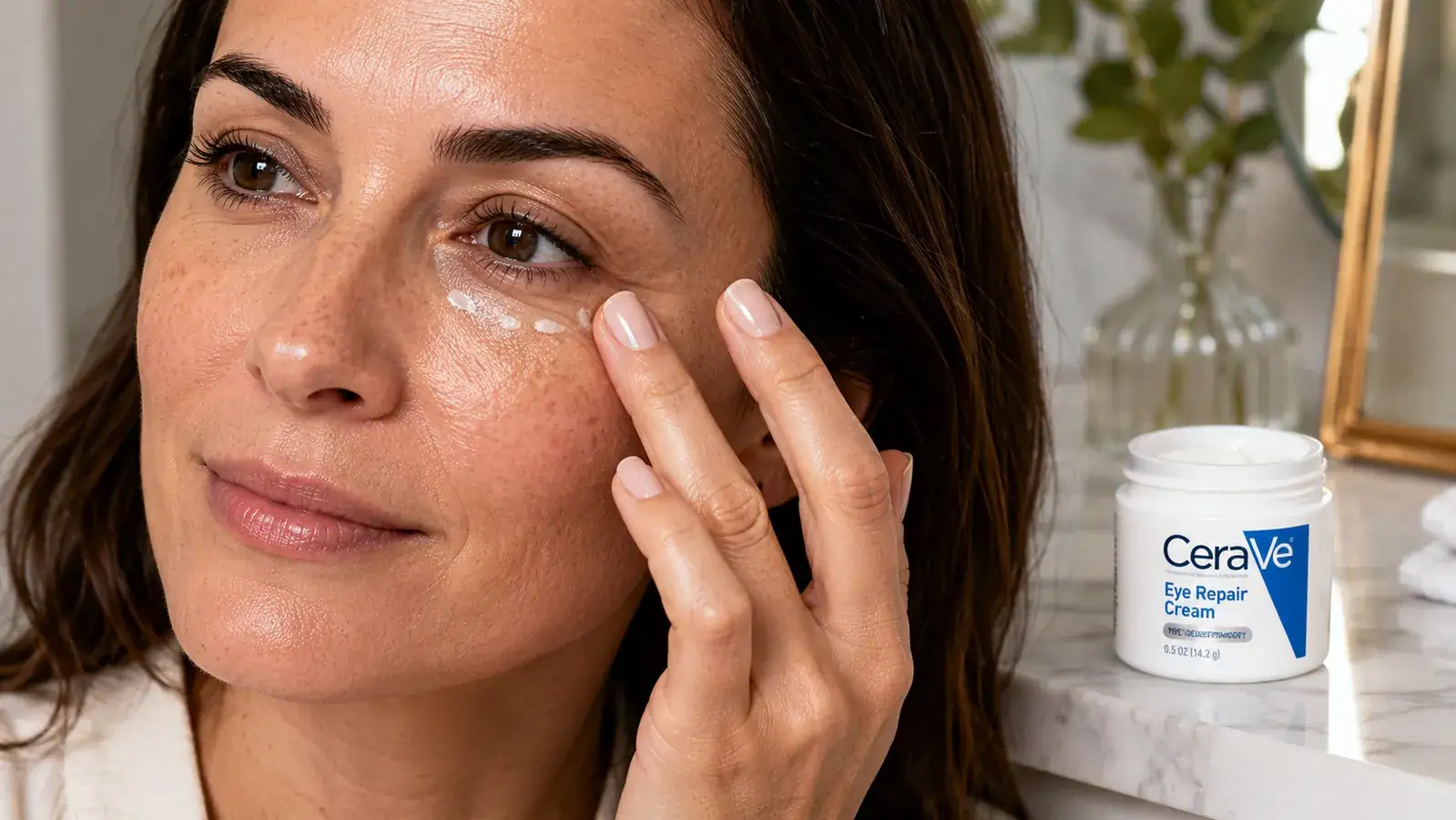 Person applying eye cream under their eye with their ring finger in a bright bathroom