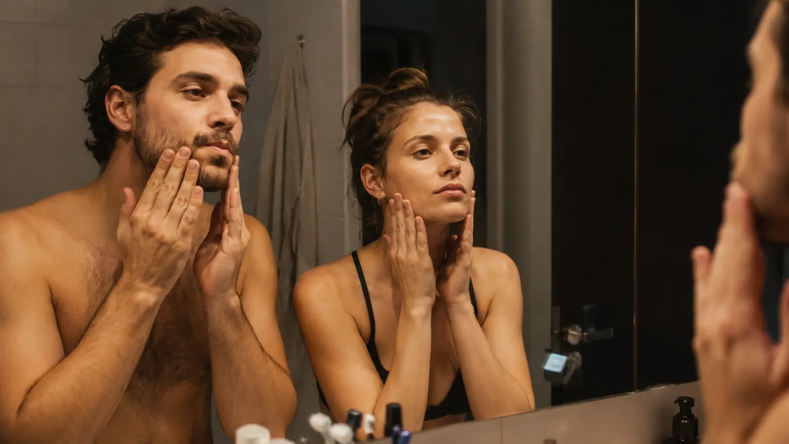 Couple at a bathroom mirror, both with clear bright under-eyes, morning light