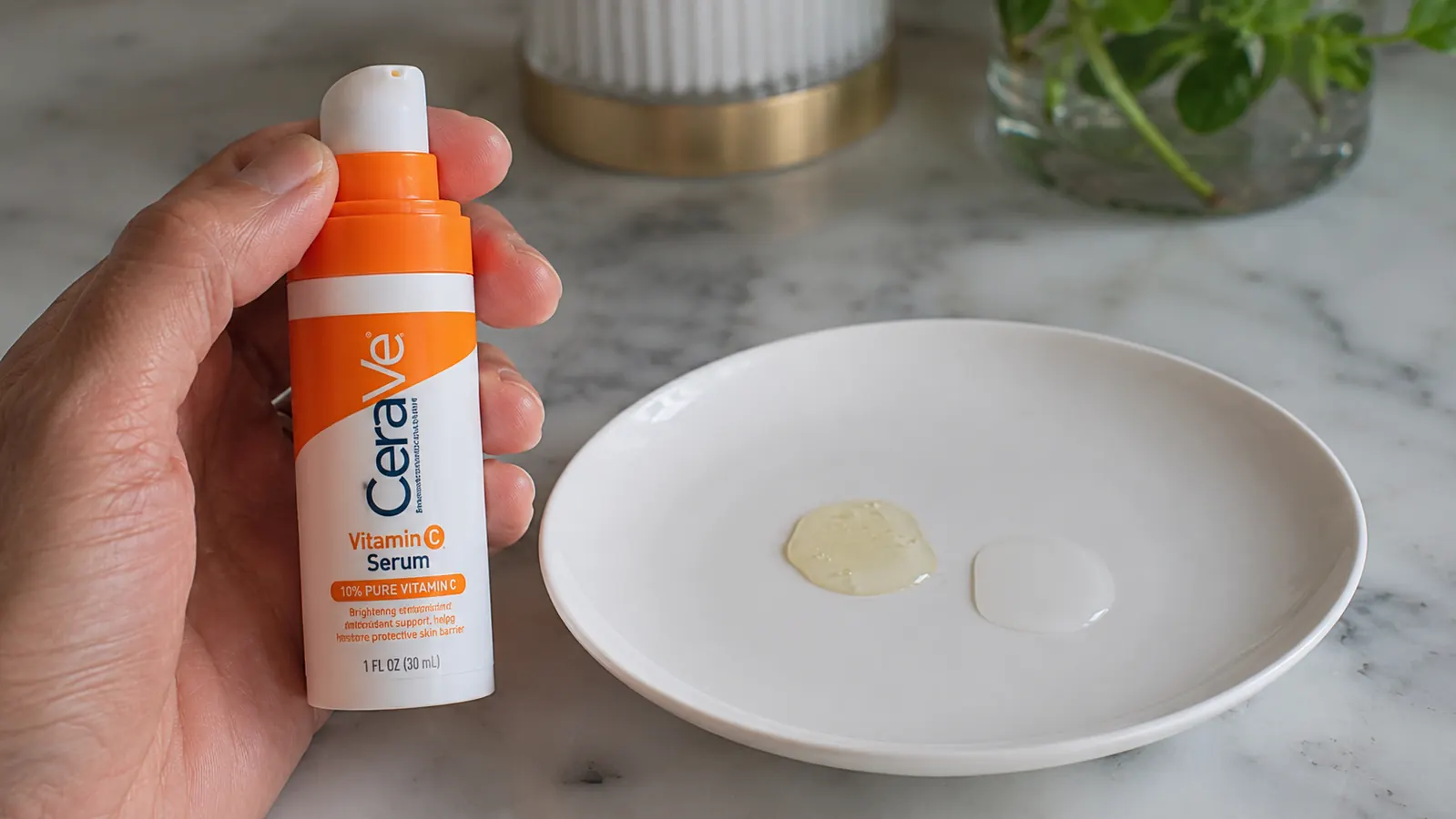 Close-up of two serum textures side by side on a white ceramic dish, one thicker and one lighter