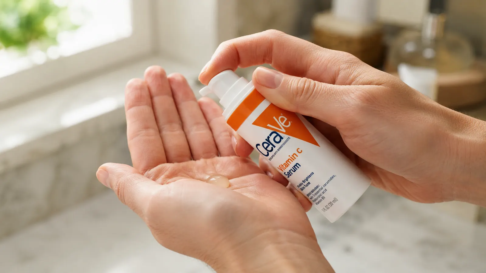Person pressing pump of CeraVe Vitamin C Serum into palm during morning skincare routine