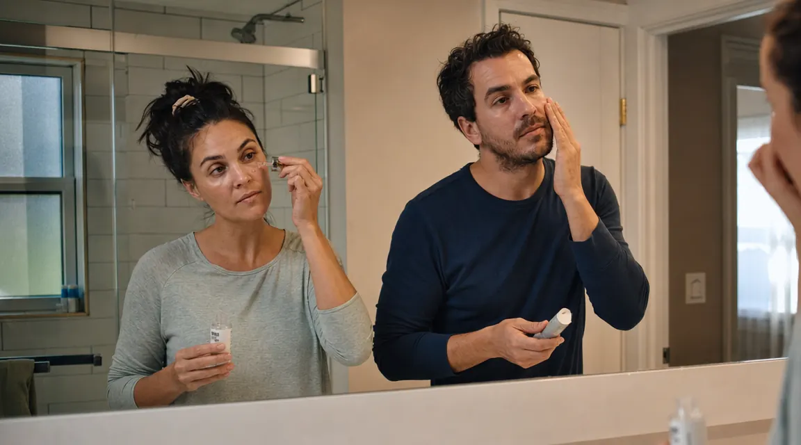 Two people doing side-by-side skincare in a bathroom mirror in the morning