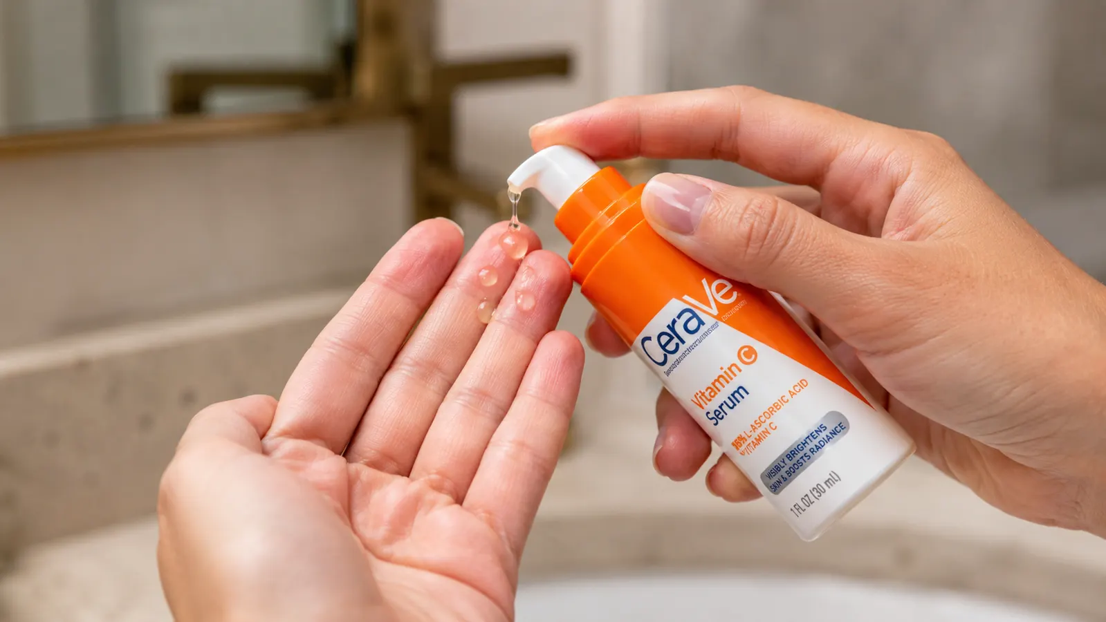 Hand dispensing a few drops of CeraVe Vitamin C Serum onto fingertips over a bathroom sink