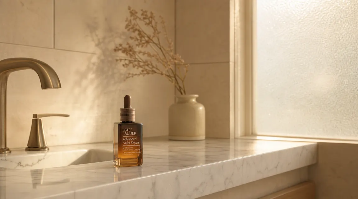 CeraVe Vitamin C Serum bottle on a white marble bathroom counter with morning sunlight coming through a frosted window
