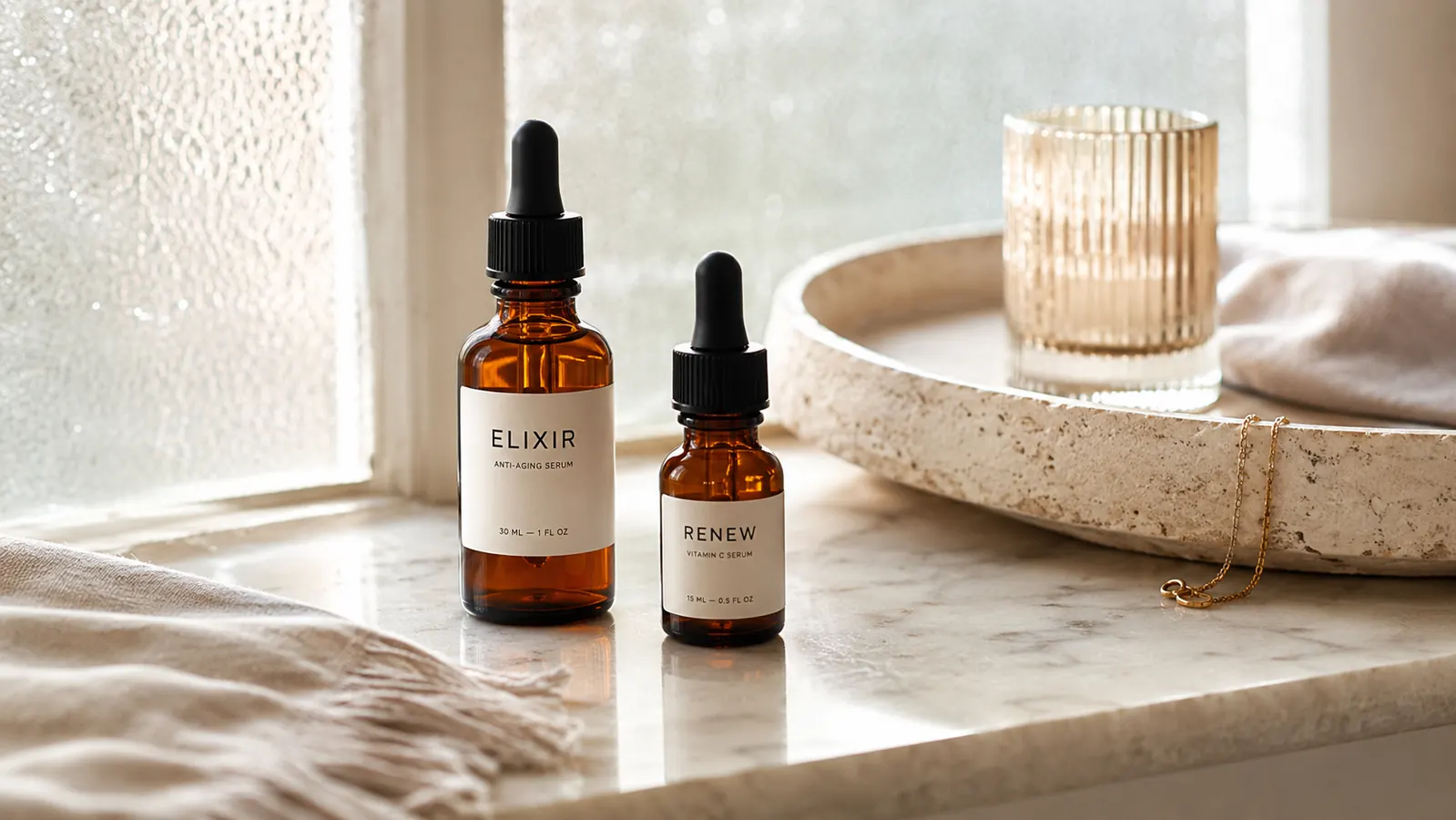 Two vitamin C serums side by side on a white bathroom shelf with morning light coming through a frosted window