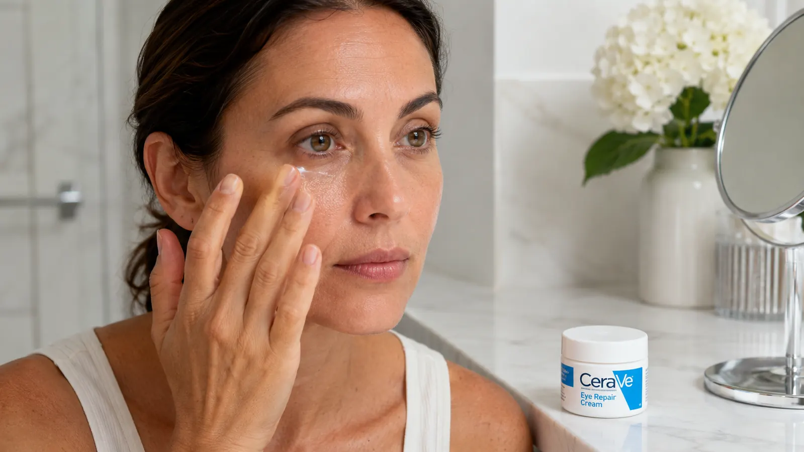 Hand applying a small amount of CeraVe Eye Repair Cream under the eye with ring finger
