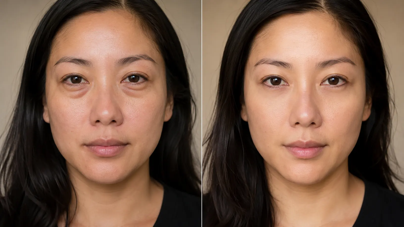 Side-by-side close-up of under-eye skin before and after consistent eye cream use