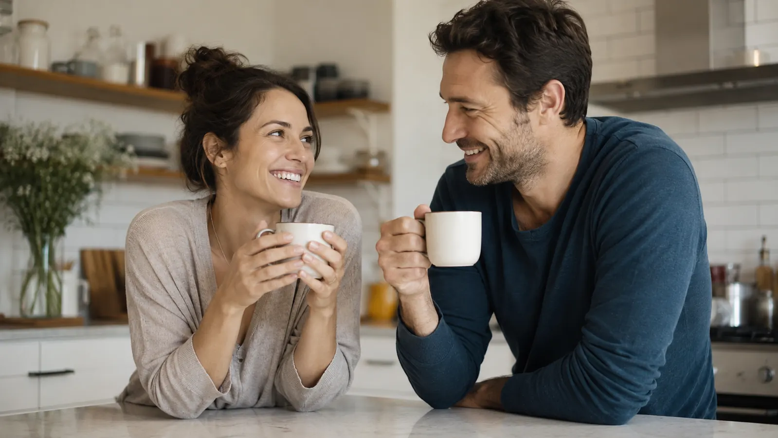 Two people in a kitchen sharing morning coffee, looking well-rested