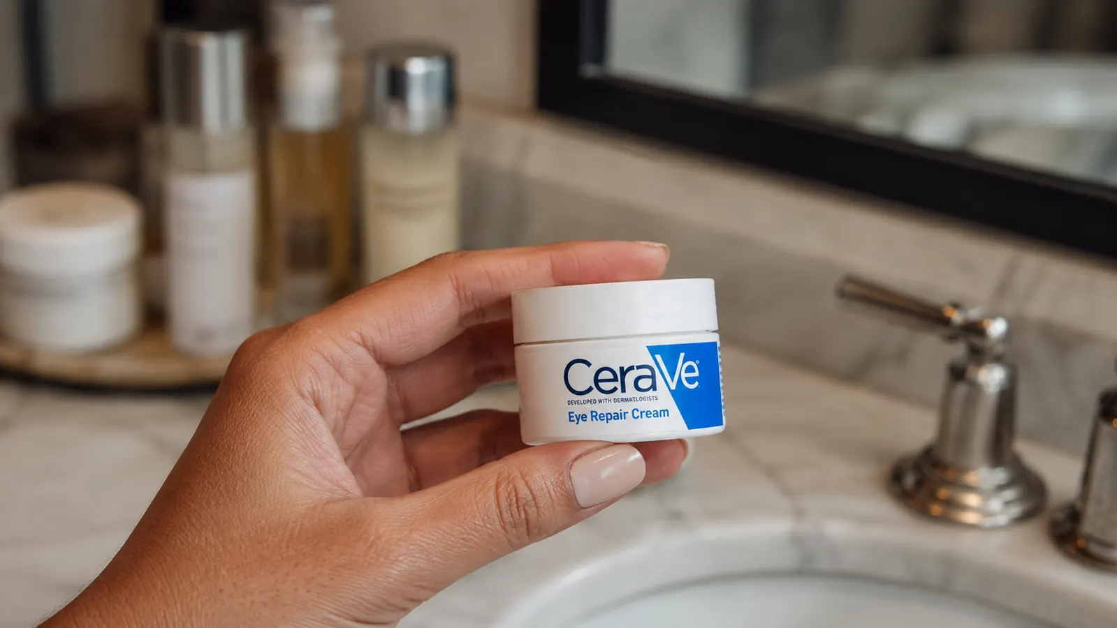 Hand holding a small jar of CeraVe Eye Repair Cream next to a bathroom sink with other skincare products
