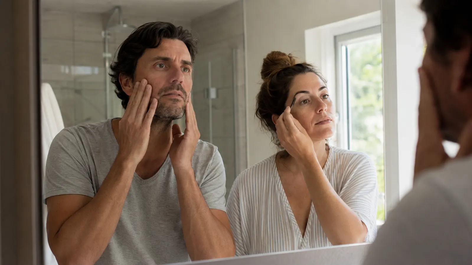 Couple side by side in a bathroom mirror both applying skincare, casual morning scene