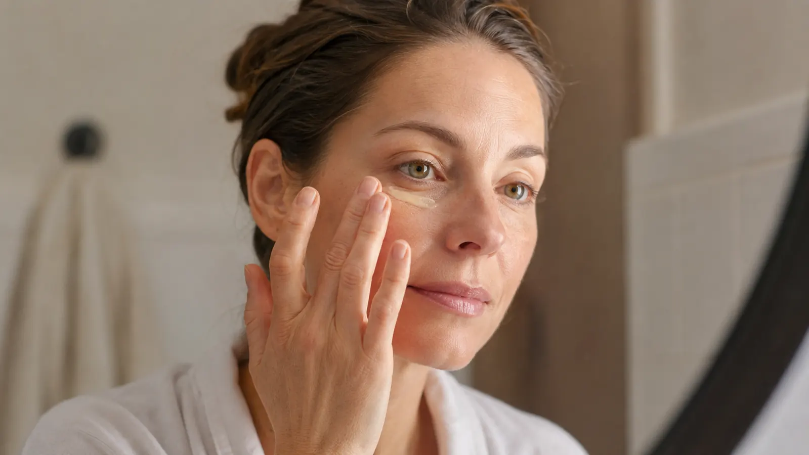 Woman gently applying eye cream with her ring finger to the under-eye area in soft morning light