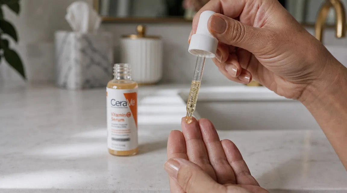 Hands applying a few drops of vitamin C serum to fingertips before pressing into skin