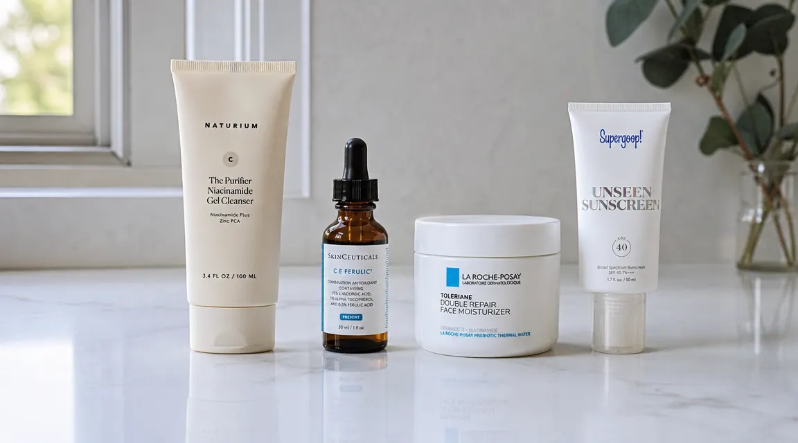 Morning bathroom counter with vitamin C serum, moisturizer, and SPF lined up in order of application