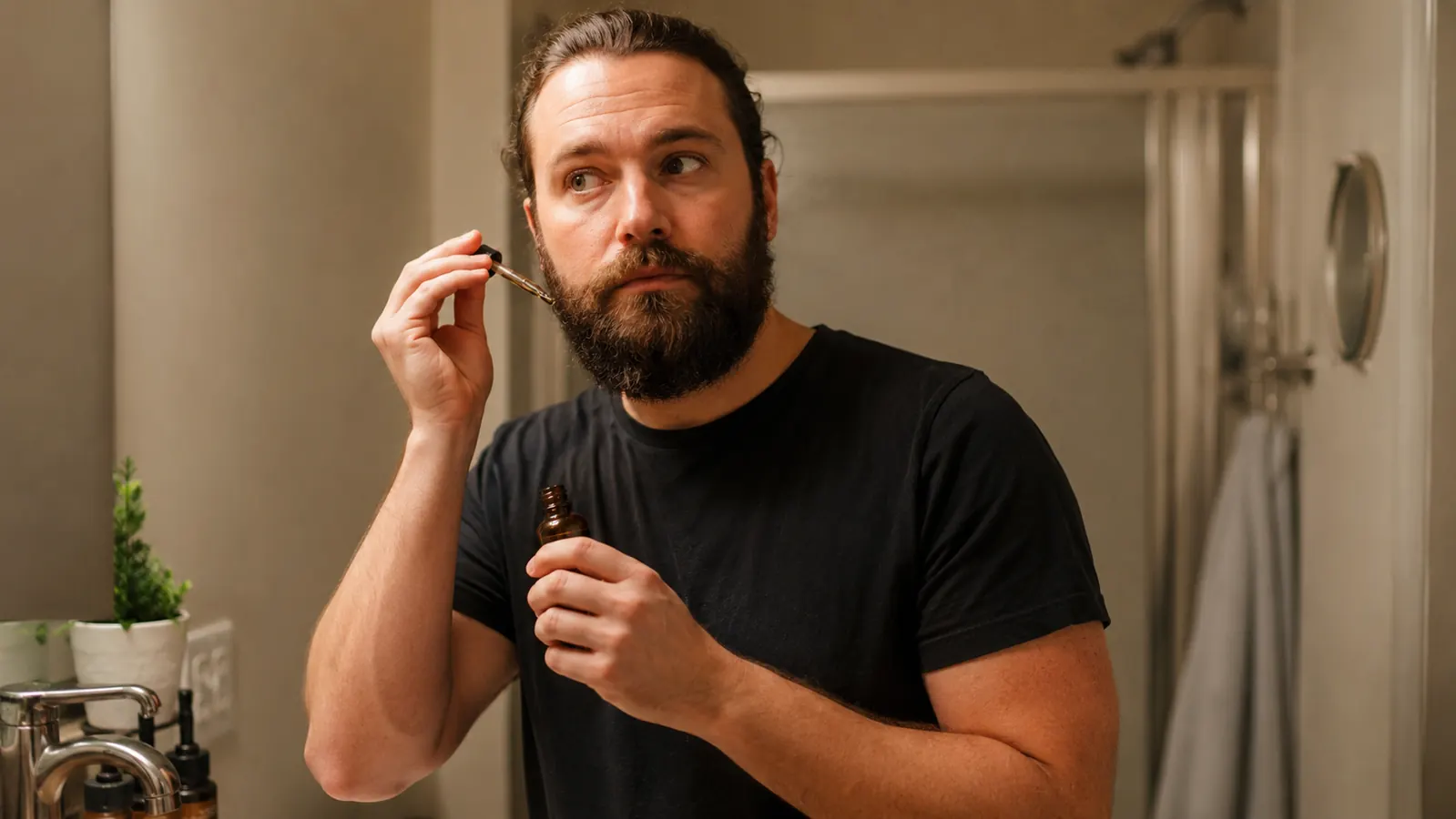 Man with a well-groomed medium-length beard standing in a bathroom, natural morning light through the window