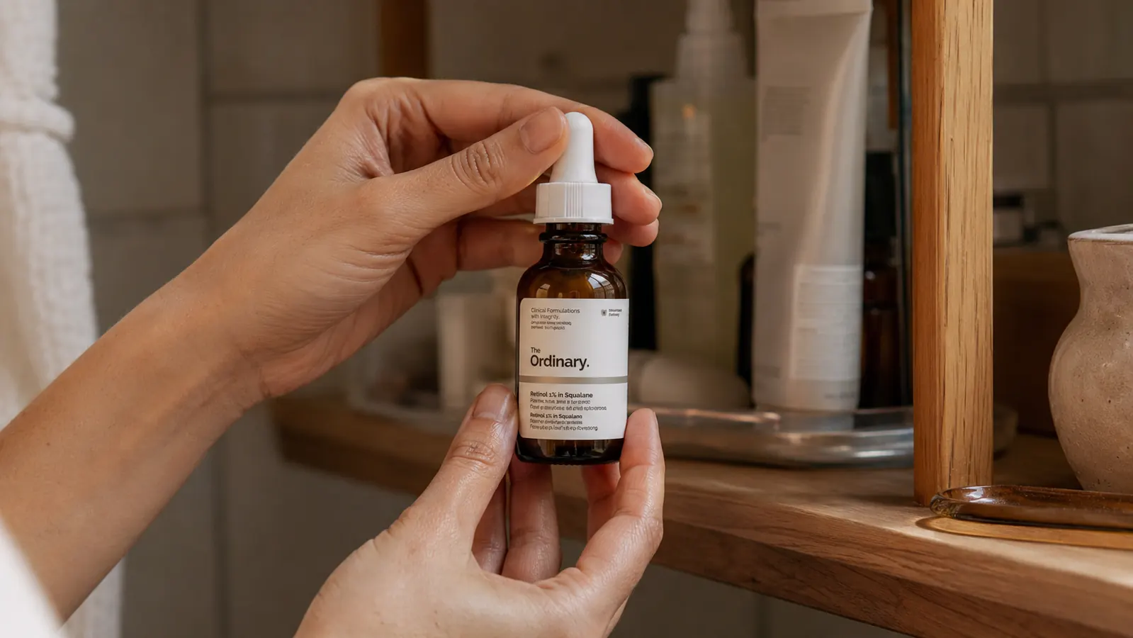 Close-up of The Ordinary Retinol 1% in Squalane dropper bottle resting on a wooden bathroom shelf
