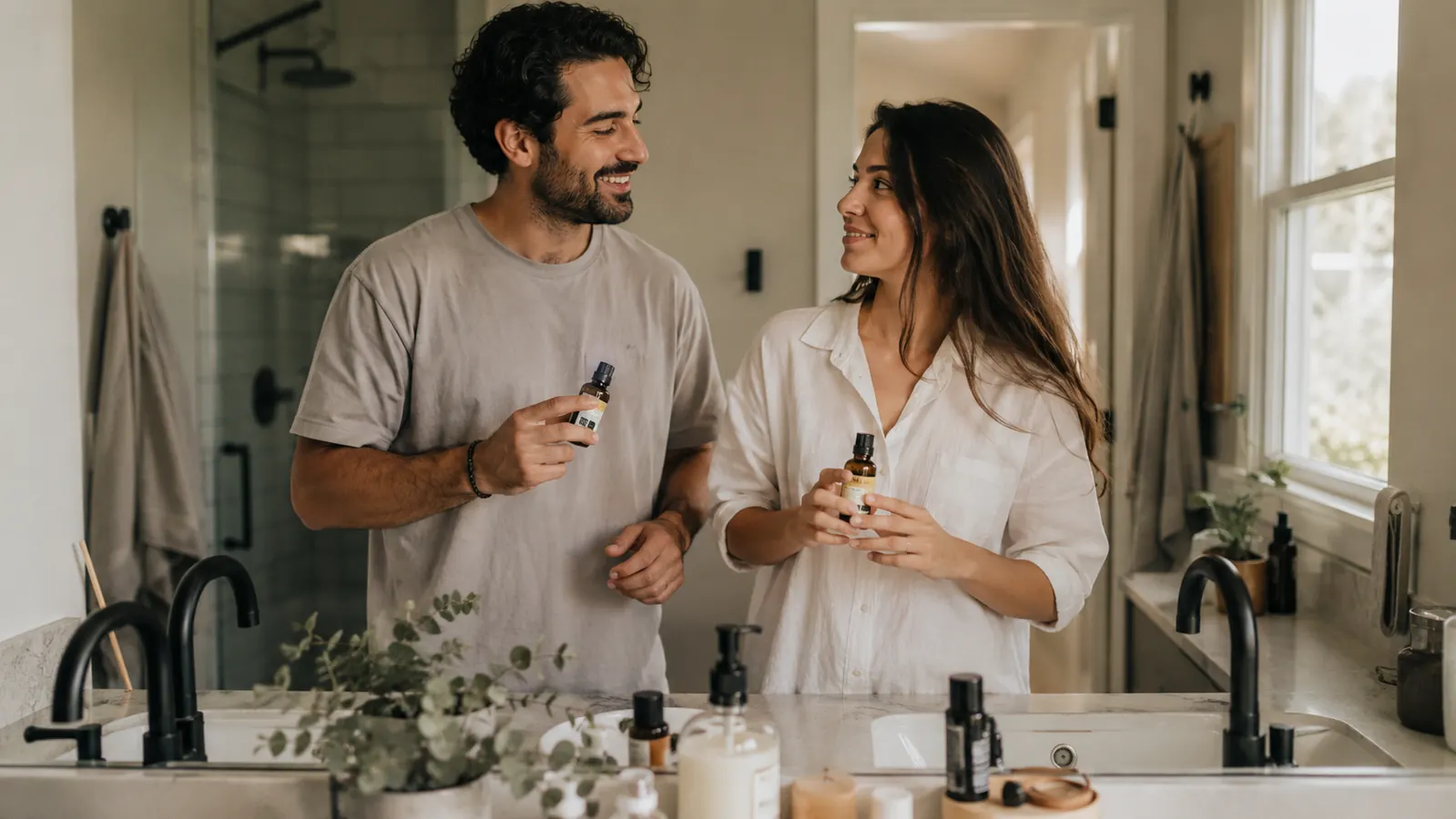 Two people sharing a bathroom mirror as part of their morning hair care routine