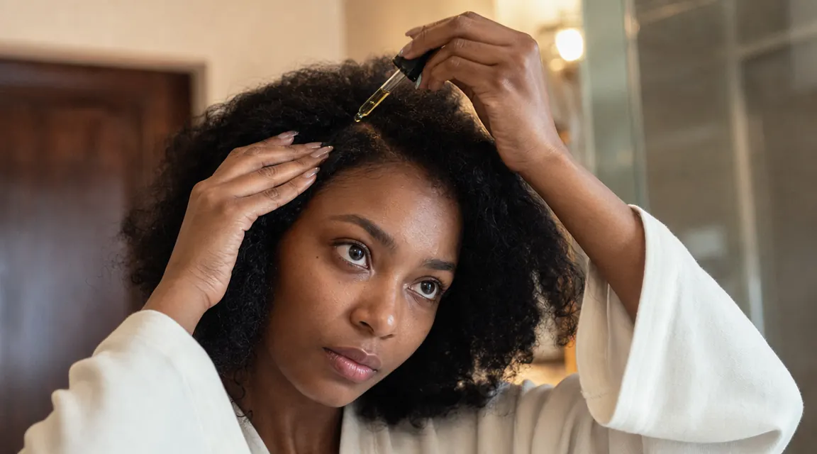 Person parting hair with fingertips to apply oil directly to scalp, warm bathroom light