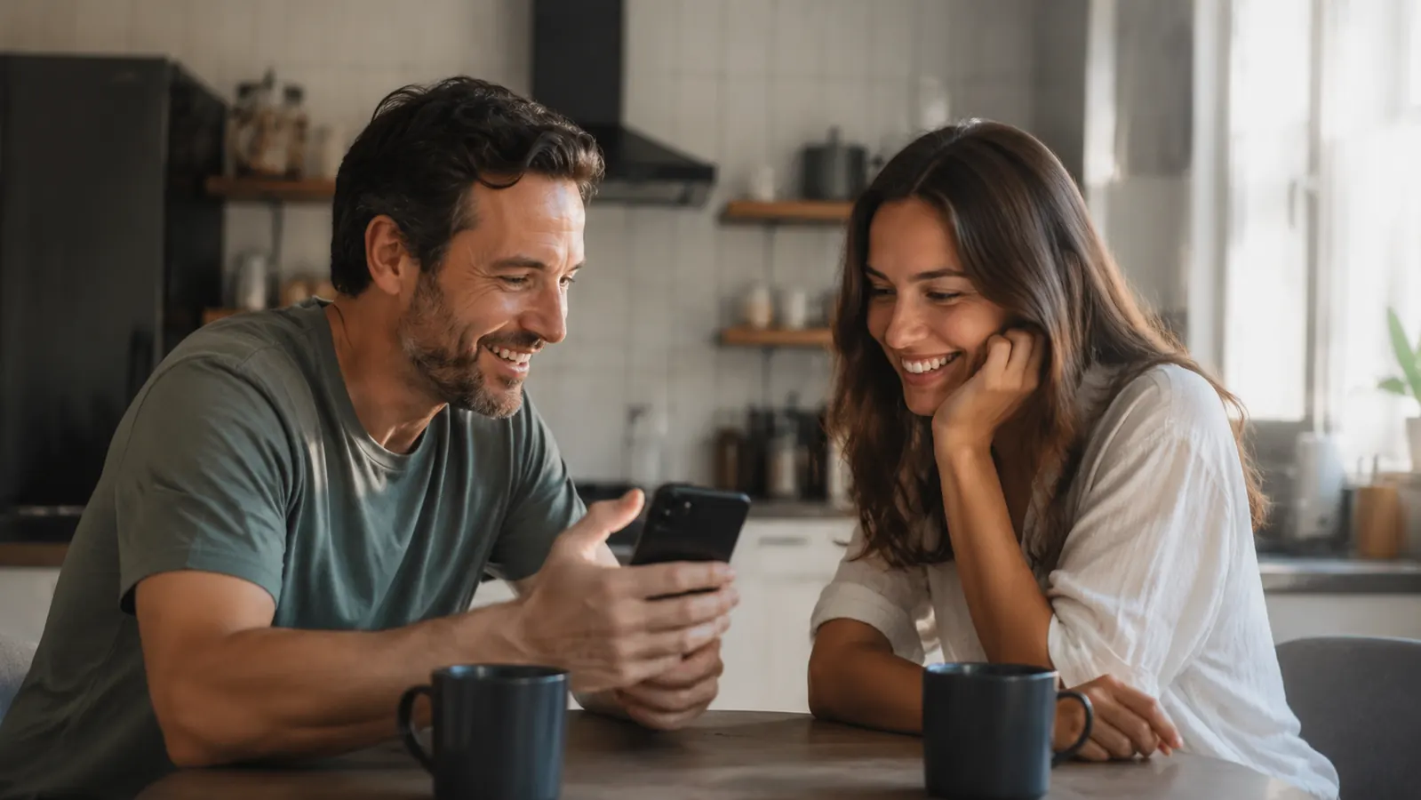 Two people comparing hair care notes in a well-lit kitchen, relaxed morning atmosphere