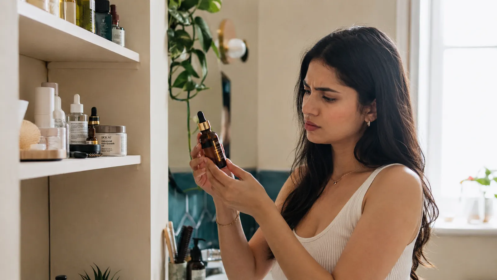 Person examining a small bottle of rosemary hair oil on a bathroom shelf lined with other hair care products