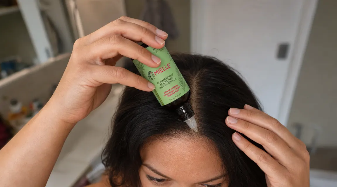 Hand applying a few drops of Mielle Rosemary Oil directly to a part in thick natural hair